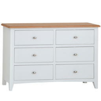 White Painted Solid Wood Light Oak Wide Chest of 6 Drawers on Tapered Legs 115x78x40cm