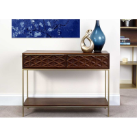 Dark Wood Console Hall Table 2 Drawers Gold Metal Frame Lower Shelf 112cm Wide