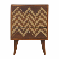 Nordic Style Mango Wood Chestnut Finish Brass Inlay 3 Drawer Bedside Cabinet 60 x 45cm
