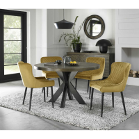 Dark Oak Small 4 Seater 125cm Dining Table Set Cross Legs 4 Mustard Velvet Fabric Chairs