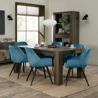 Fumed Oak 6 to 8 Seater Dining Room Table Set 6 Blue Velvet Fabric Chairs 180 to 235cm
