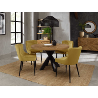 Rustic Oak Small 4 Seater Kitchen Dining Table Set Cross Legs 4 Mustard Velvet Fabric Chairs