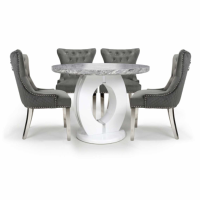 Modern Round Grey Marble Top Dining Table Set 4 Lionhead Grey Velvet Dining Chairs 100cm Diameter