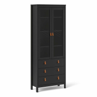 Modern Matt Black 2 Door 3 Drawer Cabinet With Brown Leather Tab Handles 199x77.85cm