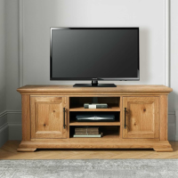 Belgrave Rustic Oak Wood Wide 2 Door 2 Shelf TV Media Unit With Brass Handles 57 x 138cm