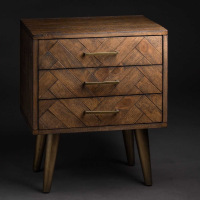 Rustic Golden Brown Finish 3 Drawer Parquet Bedside Cabinet With Metal Legs 65x55cm