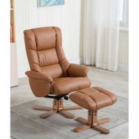 Modern Swivel Recliner Armchair with Footstool Tan Brown Faux Leather Oak Base