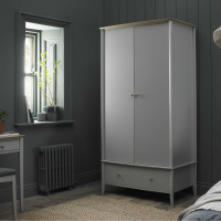 Whitby Scandi Oak Grey Painted Modern 200cm Tall Double 2 Door Gents Wardrobe 1 Large Base Drawer