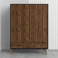 Modern Matt Black Walnut 3 Door Triple Wardrobe 3 Drawers with Shelves 150cm Wide