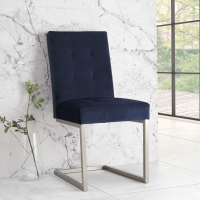 Pair of Modern Brushed Nickel Cantilever Dining Chairs Dark Blue Velvet Upholstery