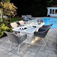 White Outdoor Garden Rectangular 200cm Dining Table With Firepit Glass Top Aluminium Frame