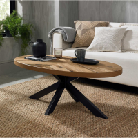 Rustic Oak Large Oval Coffee Table on Black Metal Crossed Shaped Legs