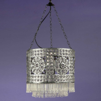 White Crystal Stone Jewelled Antique Cylindrical Silver Toned Chandelier 38cm Diameter