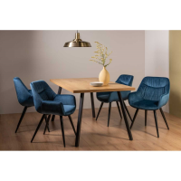 Modern Rustic Oak Effect Dining Table Set 4 Petrol Blue Velvet Fabric Chairs