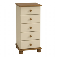 Richmond Cream And Pine Wood Lacquered 5 Drawer Narrow Bedroom Chest Of Drawers 90x44cm