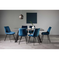 Grey Glass Top Rectangular Dining Table Set 6 Blue Velvet Dining Chairs