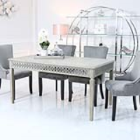 Large Circle Pattern Wooden Dining Set With 6 Ring Back Grey Chairs