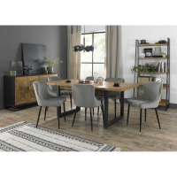 Rustic Oak 190 to 240cm Extending Dining Table Set Peppercorn Legs 6 Grey Fabric Chairs