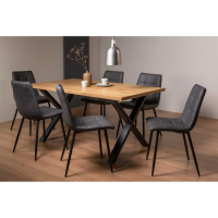 Ramsay Rustic Oak Effect Melamine 6 Seater 160cm Medium Dining Table Set on X Legs 6 Mondrian Dark Grey Faux Leather Chairs