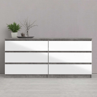 Modern Wide Concrete Grey and White High Gloss 6 Drawer Bedroom Chest 70.1 x 153.8cm