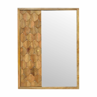 Mirror Cabinet With Shelves in Solid Natural Mango Wood With Geometric Pattern Front