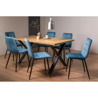 Rustic Oak Dining Table Set X Leg Frame 6 Blue Velvet Dining Chairs