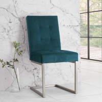 Pair of Modern Brushed Nickel Cantilever Dining Chairs Sea Green Velvet Upholstery