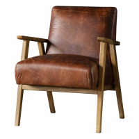 Vintage Tan Brown Leather Armchair Solid Wooden Frame Armrests and Legs