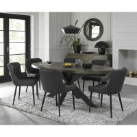 Dark Oak 6 Seater Kitchen Oval Dining Table Set Cross Legs 6 Dark Grey Faux Leather Chairs