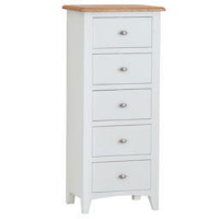 Modern Style Oak Wood White Painted 5 Drawer Narrow Bedroom Chest 115 x 50cm