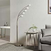 Vintage Silver Steel 5 Arm Dimmable Floor Lamp in Satin Nickel Finish with White Glass