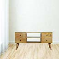 Nordic Style Solid Mango Wood 4 Drawer Media Unit With Shelf And Brass Knobs 40 x 110cm