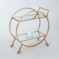 Gin Shu Metal Serving Drinks Hostess Trolley Gold Gilt Leaf 2 Tier Glass Shelves