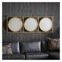 Large 3 Round Brass Gold Wall Mirrors in Rectangular Frame 180cm Wide