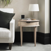 Scandi Oak Round Side Lamp Table 1 Drawer Scallop Handle 50cm Diameter