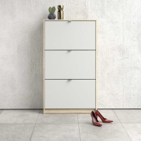 Modern White and Oak Hall Wall Shoes Cabinet 3 Tilting Drop Down Doors 2 Layers