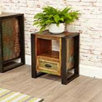 Pair of Bohemian Rustic Painted Boat Wood Metal Framed Lamp Tables With Drawer