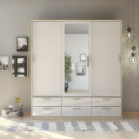 Modern White High Gloss Oak Framed Mirror Sliding 3 Door Triple Wardrobe 200 x 181.4cm