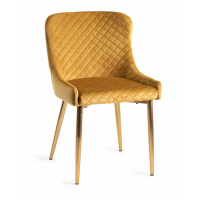 Modern Mustard Yellow Dining Chair Velvet Fabric Upholstered Diamond Stitched Gold Legs