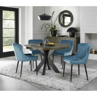 Dark Oak Small 4 Seater 125cm Dining Room Table Set Cross Legs 4 Blue Velvet Fabric Chairs