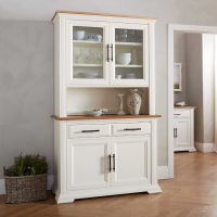 Belgrave Two Tone White Painted Oak Glazed Kitchen Tall Dresser Display Cabinet Unit 200 x 116 x 49cm