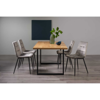 Modern Rustic Oak Effect Dining Table Set with 4 Grey Velvet Chairs Black Legs