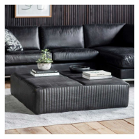 Modern Large Black Leather Upholstered Ribbed Slab Coffee Table 120cm Square