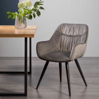 Upholstered Grey Velvet Fabric Dining Arm Chair Pleated Back Pattern Black Legs