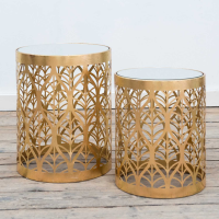 Set Of Two Gin Shu Gold Gilt Leaf Parisienne Metal Occasional Nest of Tables