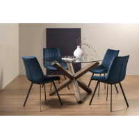 Turin Clear Glass 4 Seater Small Round Dining Set 4 Fontana Blue Velvet Fabric Chairs