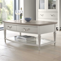 Modern Grey Painted Washed Oak Top Large Coffee Table 2 Drawers Glass Bottom Shelf