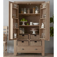 Large Tall Solid Oak 2 Door Double Kitchen Larder Unit Wicker Drawers 190 x 110cm