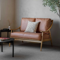 2 Seater Sofa Brown Leather Upholstered Natural Oak Wood Framed
