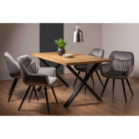 Rustic Oak Wood 6 Seater Dining Set X Legs Base 4 Grey Velvet Fabric Chairs